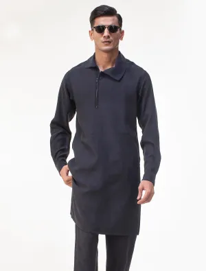 CHARCOAL GRAY FALL COLLAR KURTA PAJAMA