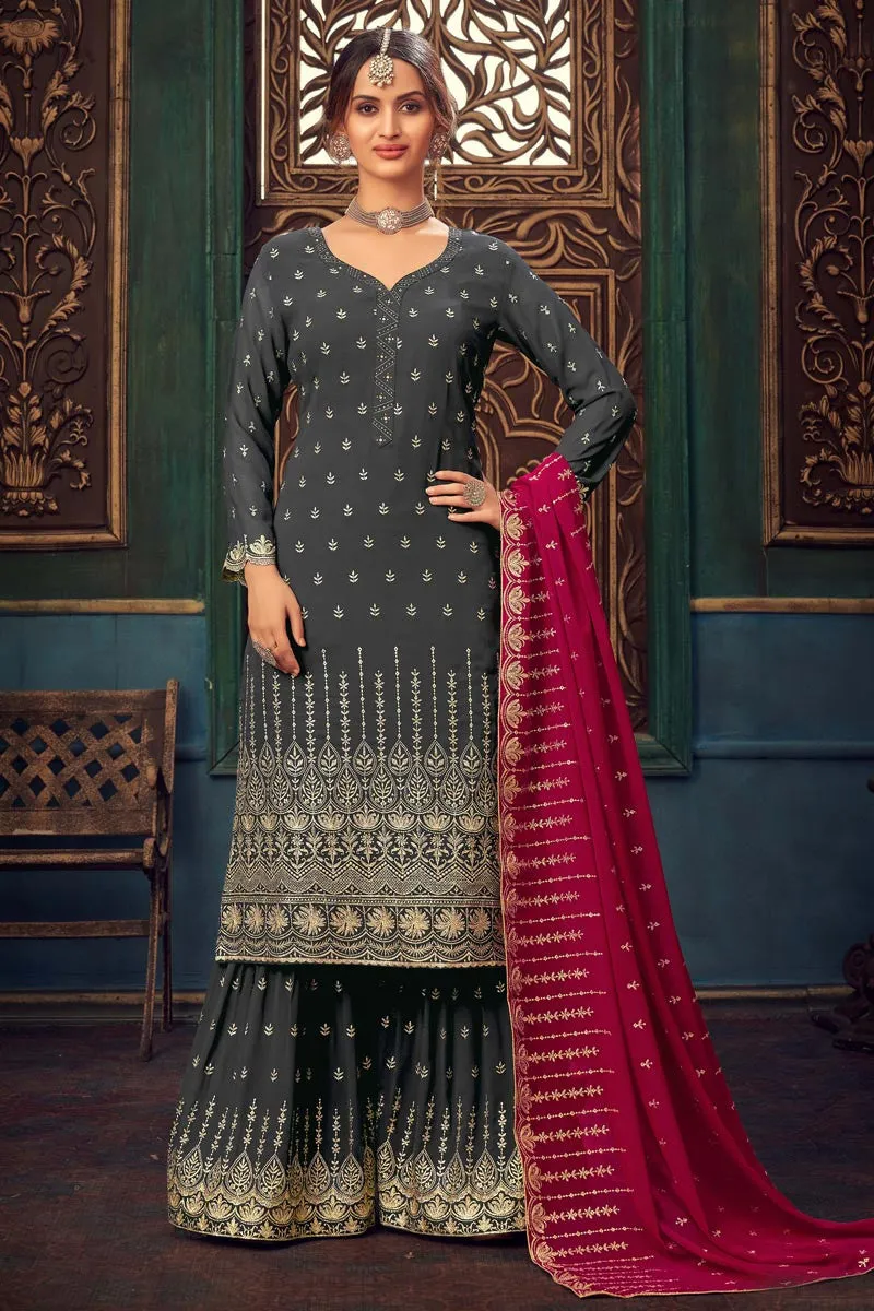 Charcoal Grey Faux Georgette Pakistani Sharara Suit