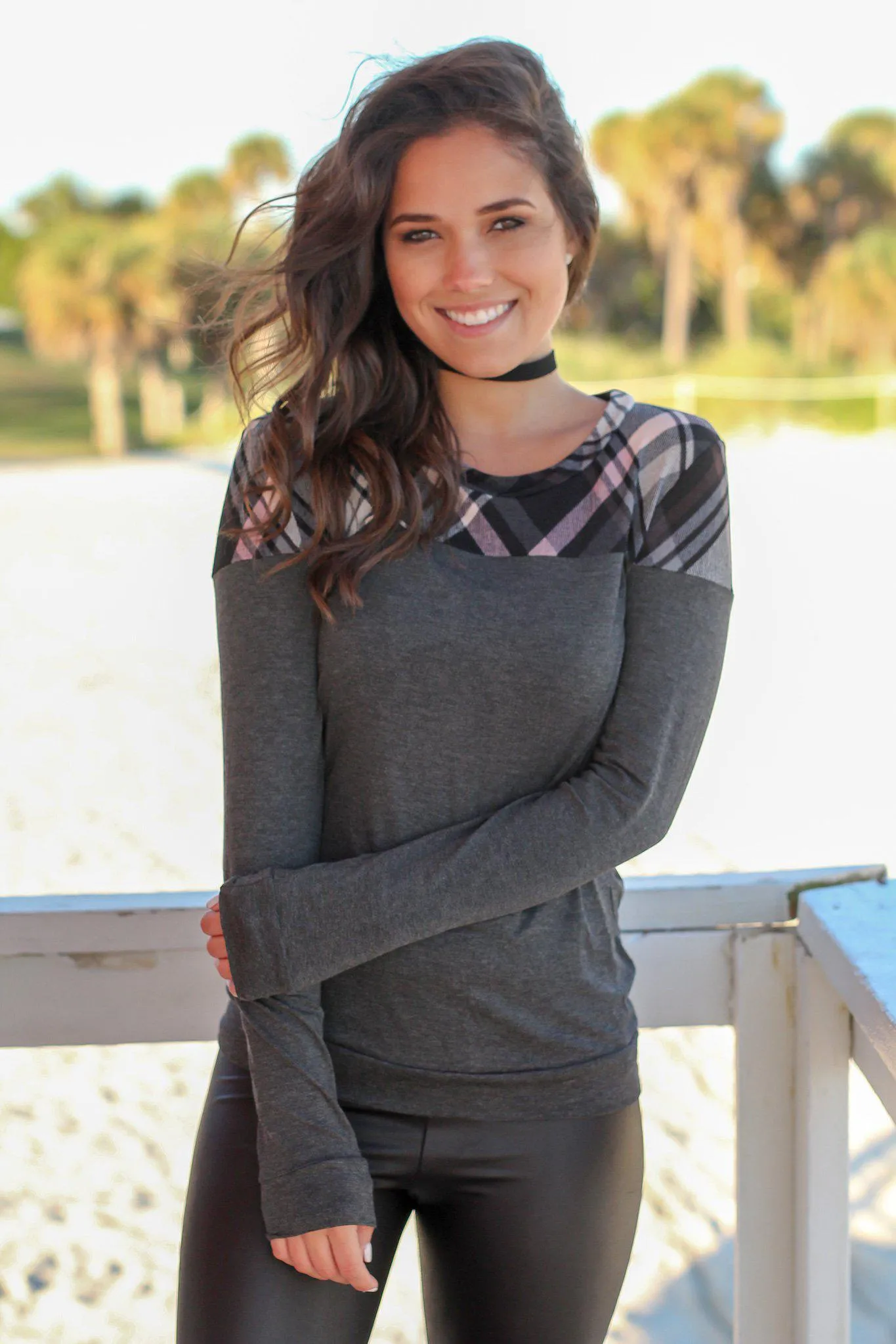 Charcoal Long Sleeve Top with Plaid Detail