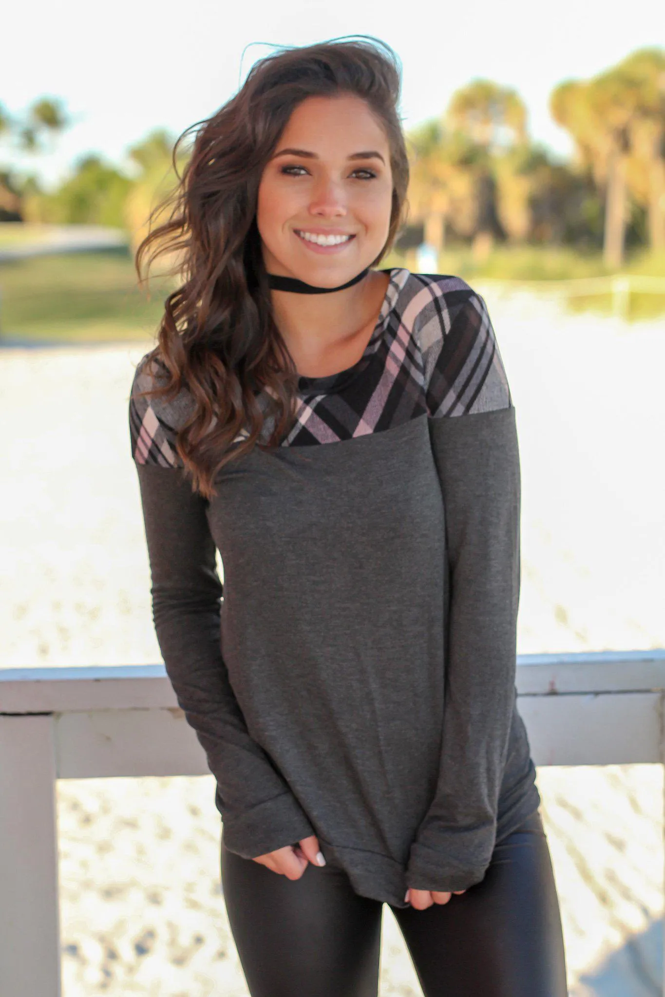 Charcoal Long Sleeve Top with Plaid Detail