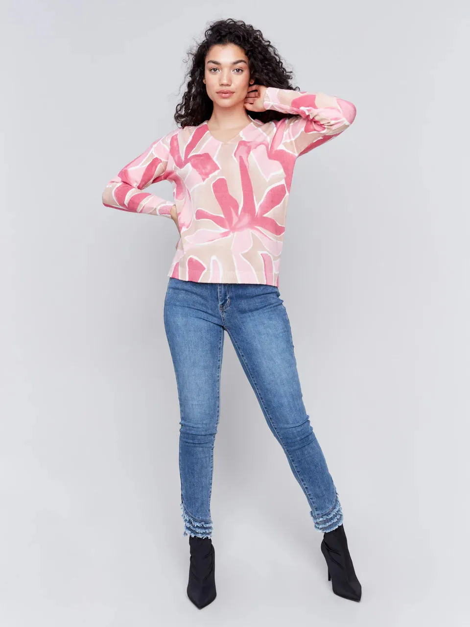 Charlie B Printed Plushy V-Neck Sweater - C2581R - 464A