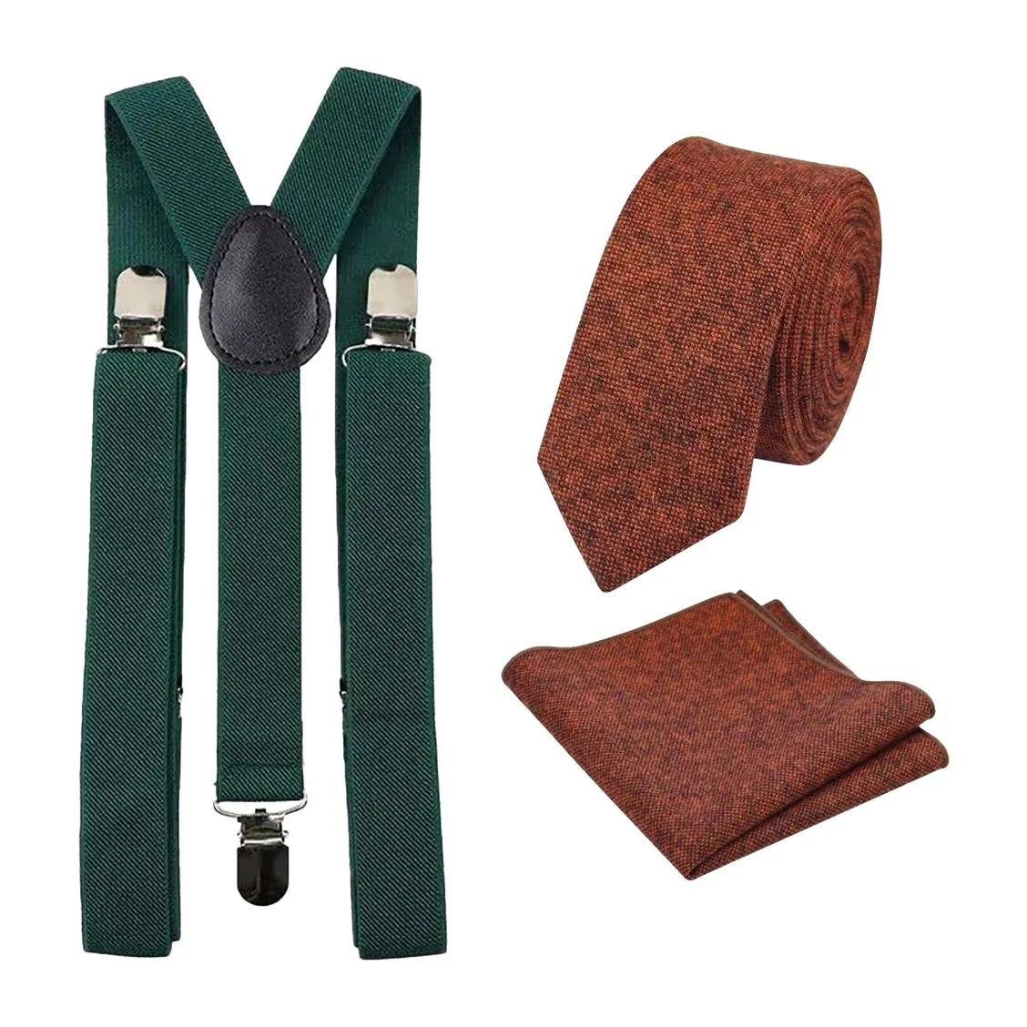 Charlie Burnt Orange Wool Tie, Pocket Square and Emerald Green Braces Set