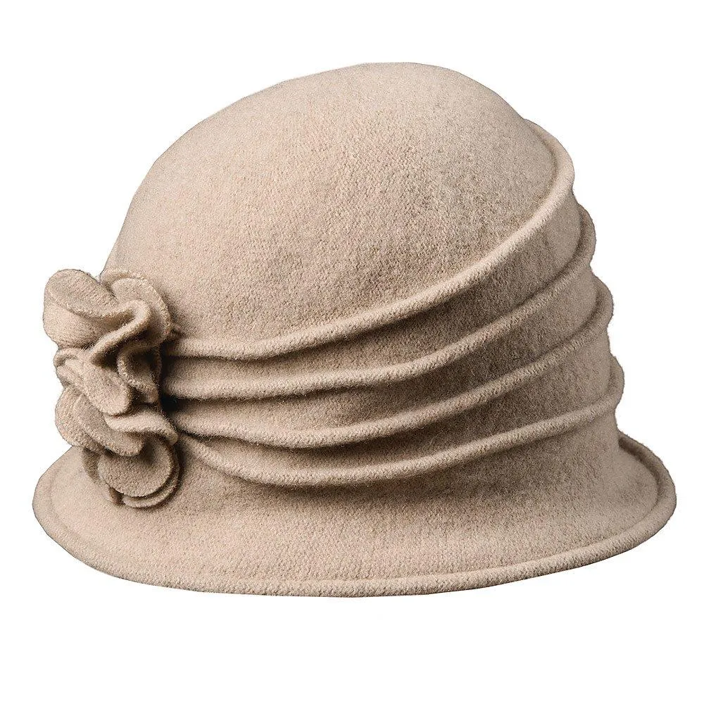 Charlotte - Scala LW497 Taupe Knit Wool Cloche Hat w/ Side Flower