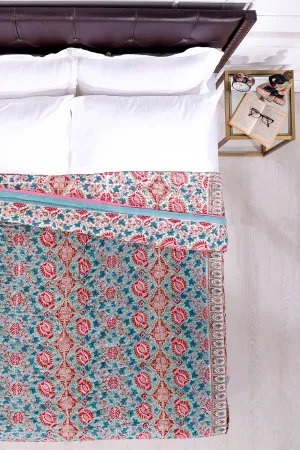 Charmine Floral Bloom Hand Block Printed Turquoise Cotton Muslin Quilt