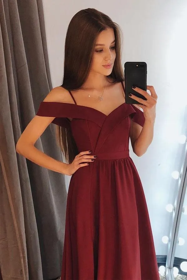 Charming A Line Off the Shoulder Burgundy Satin Long Prom Dresses PG718