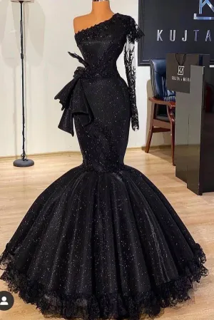 Charming Black One Shoulder Glitter Prom Dress