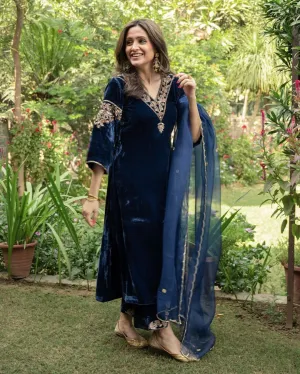 Charming Blue Color Embroidery Sequence Velvet Palazzo Suit