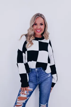 Charming Checkered Cropped Sweater - Black