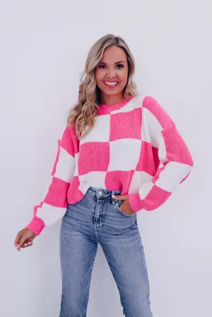 Charming Checkered Cropped Sweater - Pink