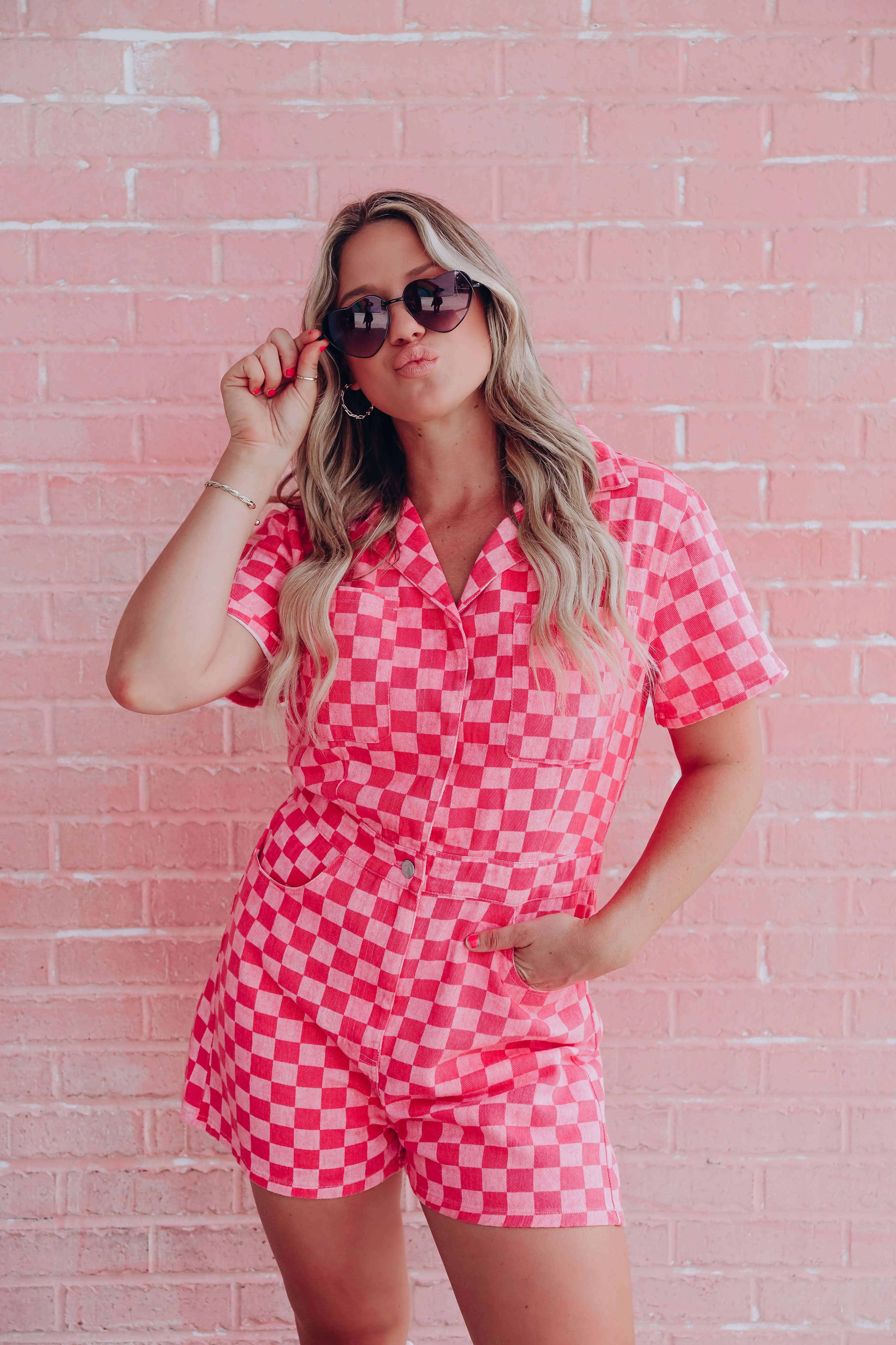 Charming Checkered Denim Romper - Pink