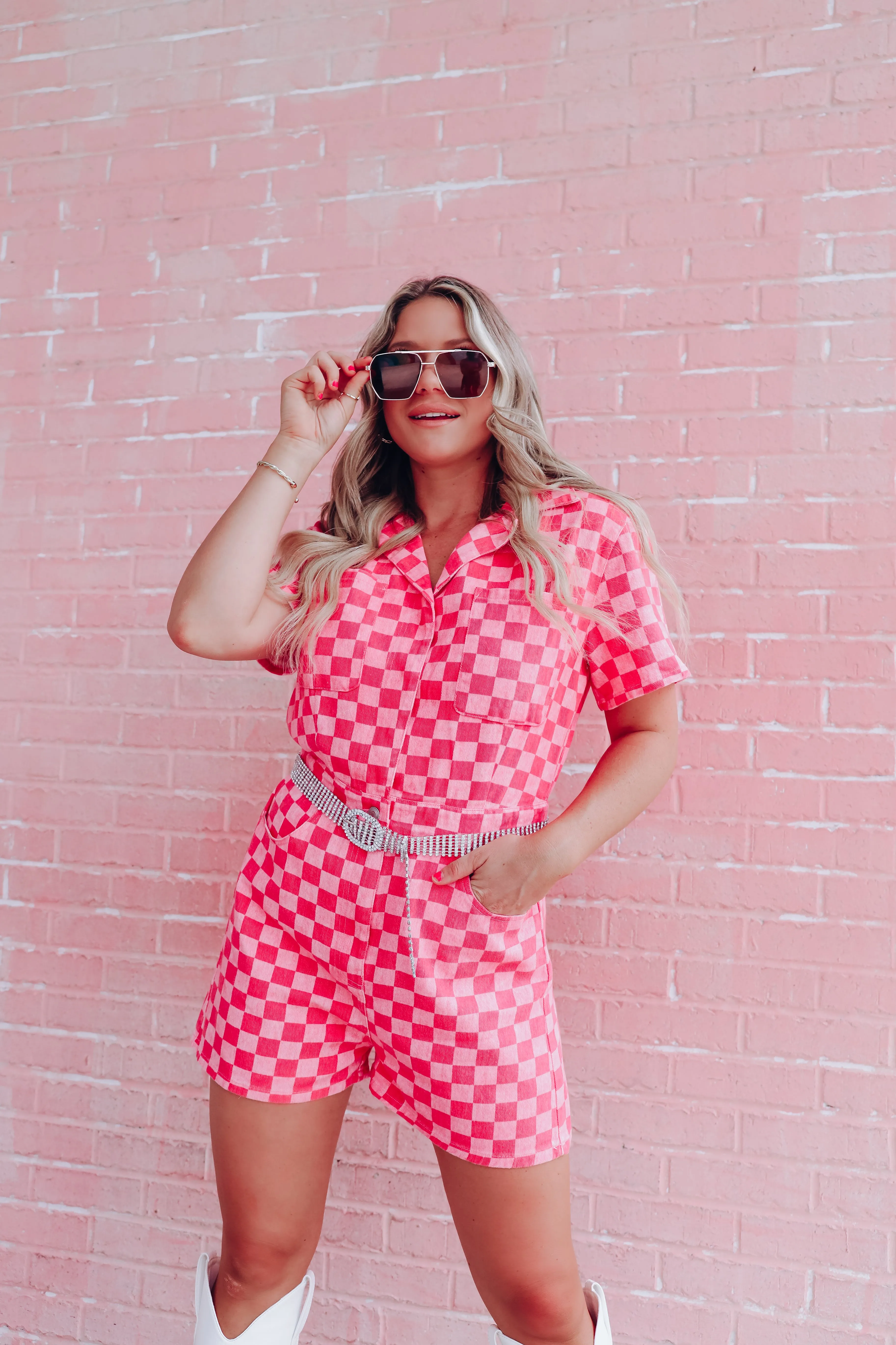 Charming Checkered Denim Romper - Pink