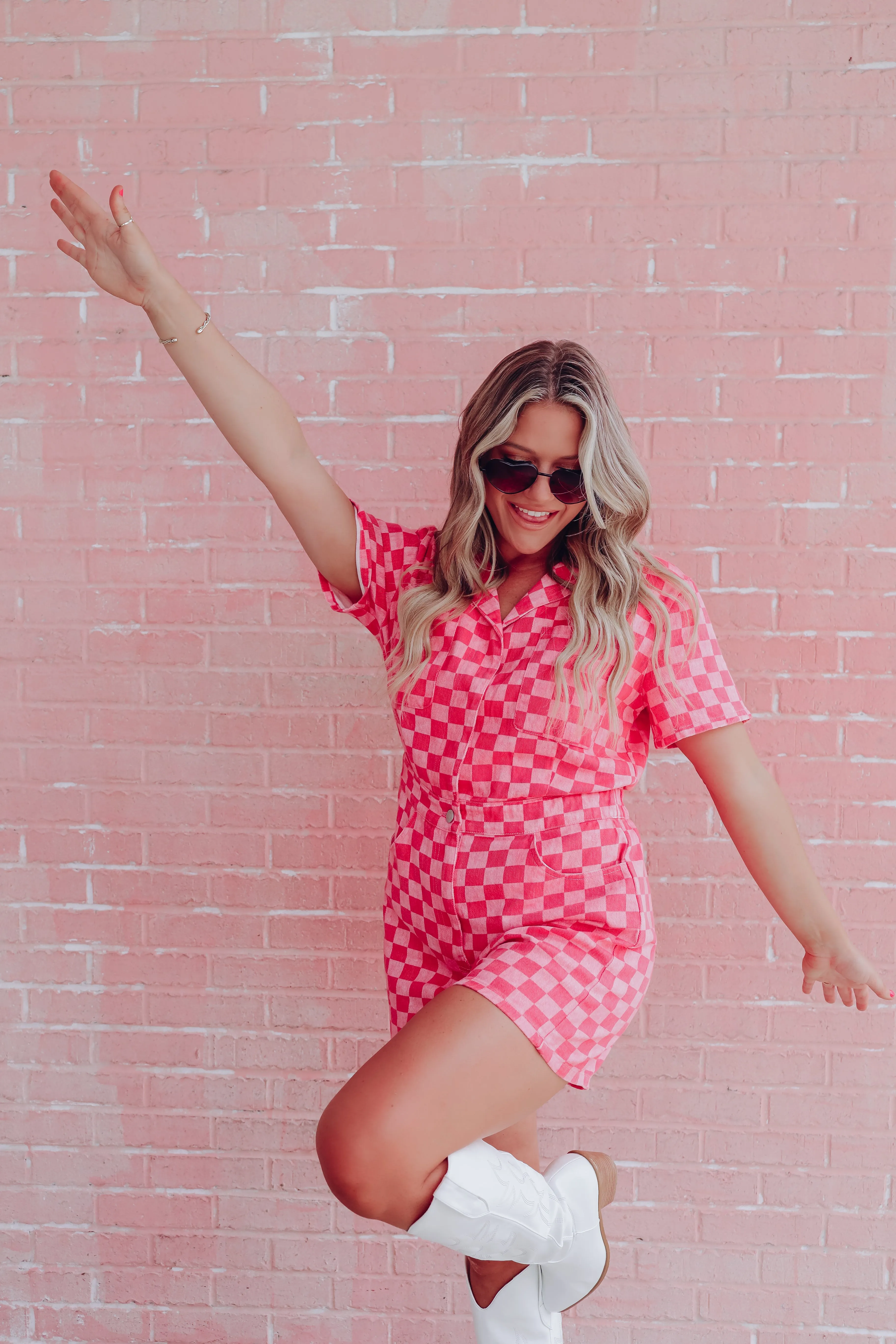 Charming Checkered Denim Romper - Pink