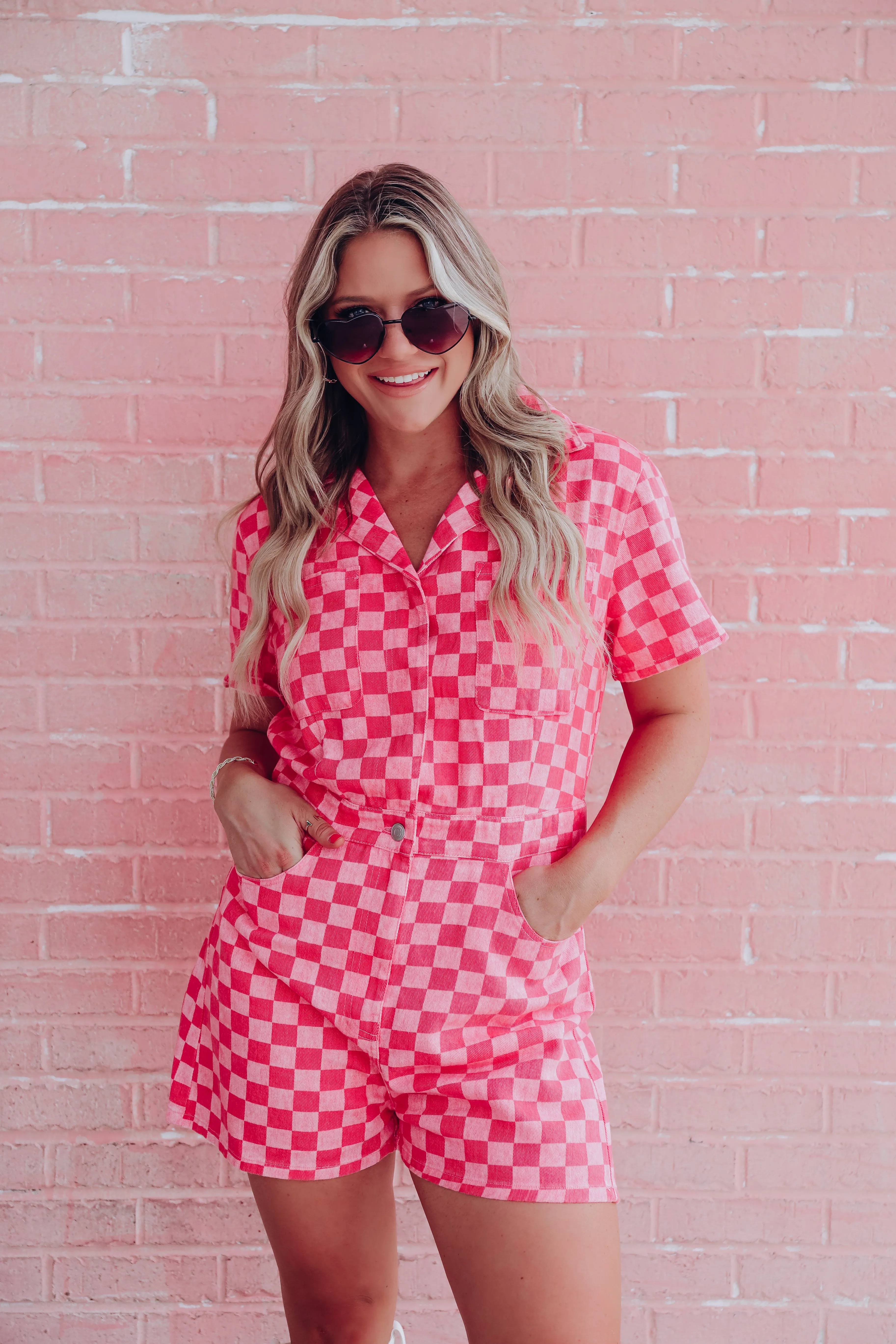 Charming Checkered Denim Romper - Pink