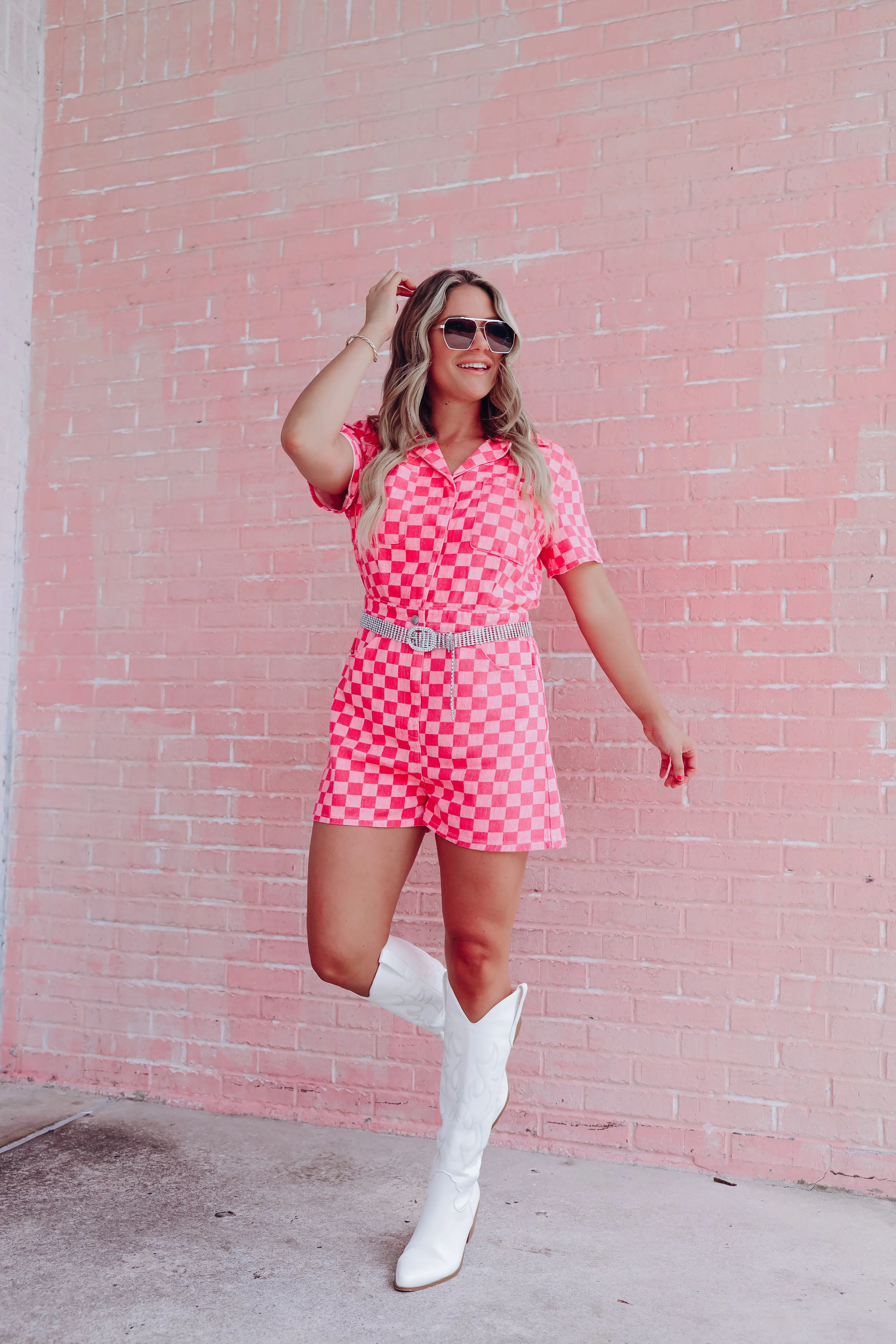 Charming Checkered Denim Romper - Pink