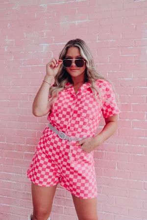 Charming Checkered Denim Romper - Pink