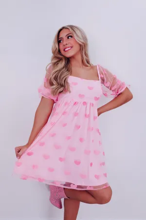 Charming Heart Print Chiffon Mini Dress - Pink