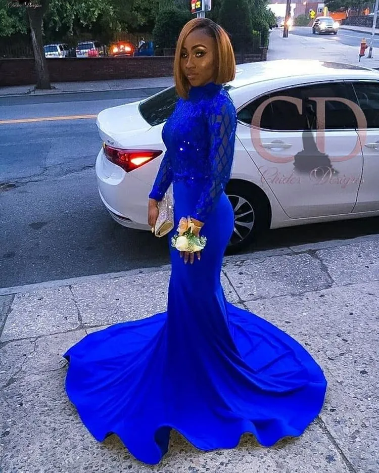 Charming Long Sleeves Royal Blue Prom Dress | Mermaid Sequin Evening Gowns With Zipper BC1063