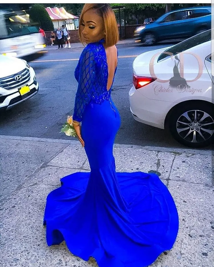 Charming Long Sleeves Royal Blue Prom Dress | Mermaid Sequin Evening Gowns With Zipper BC1063