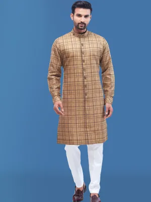 Charming Ochre Checks Cotton Silk Kurta for Men