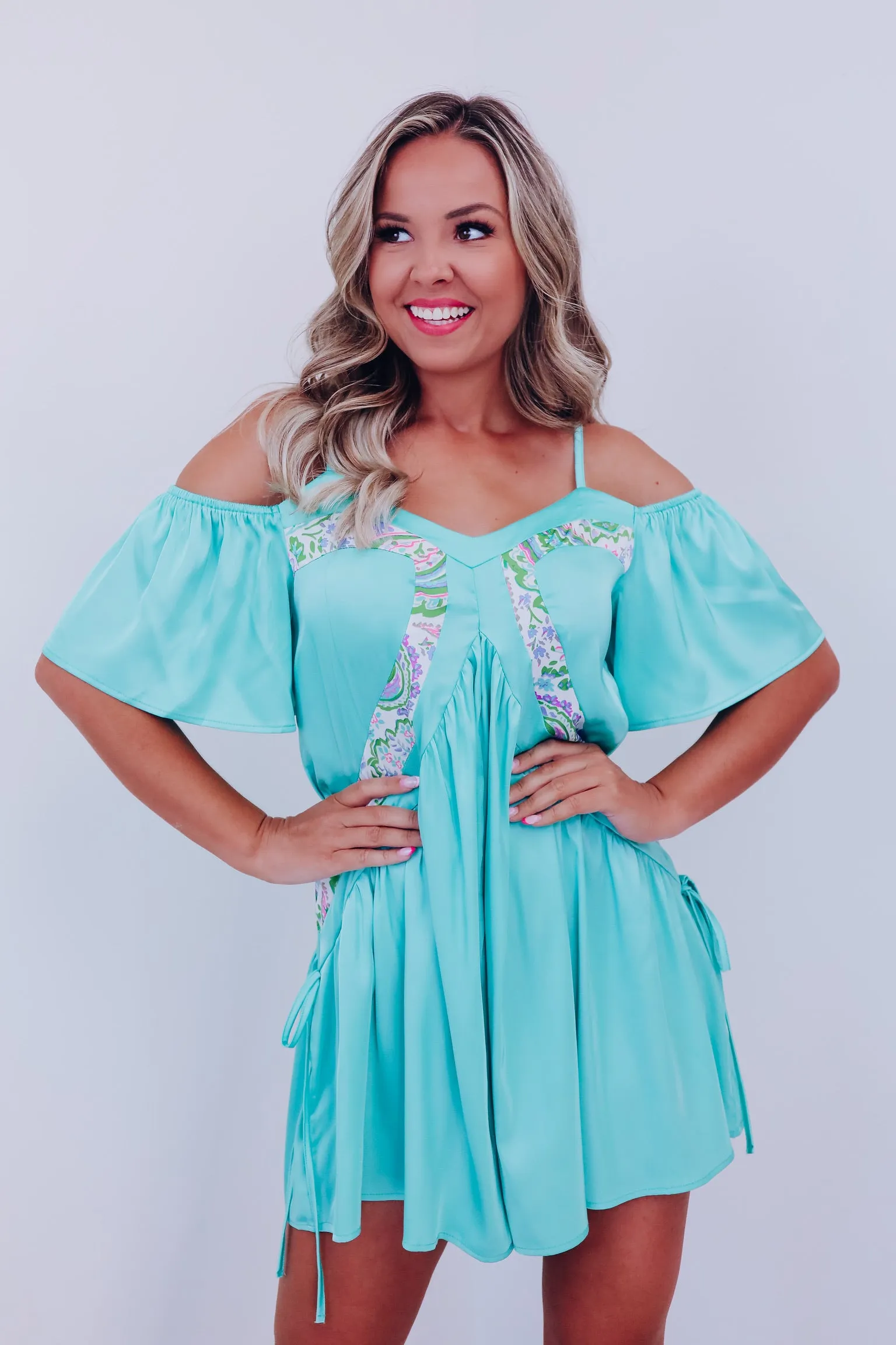 Charming Off-Shoulder Satin Romper - Sea Foam