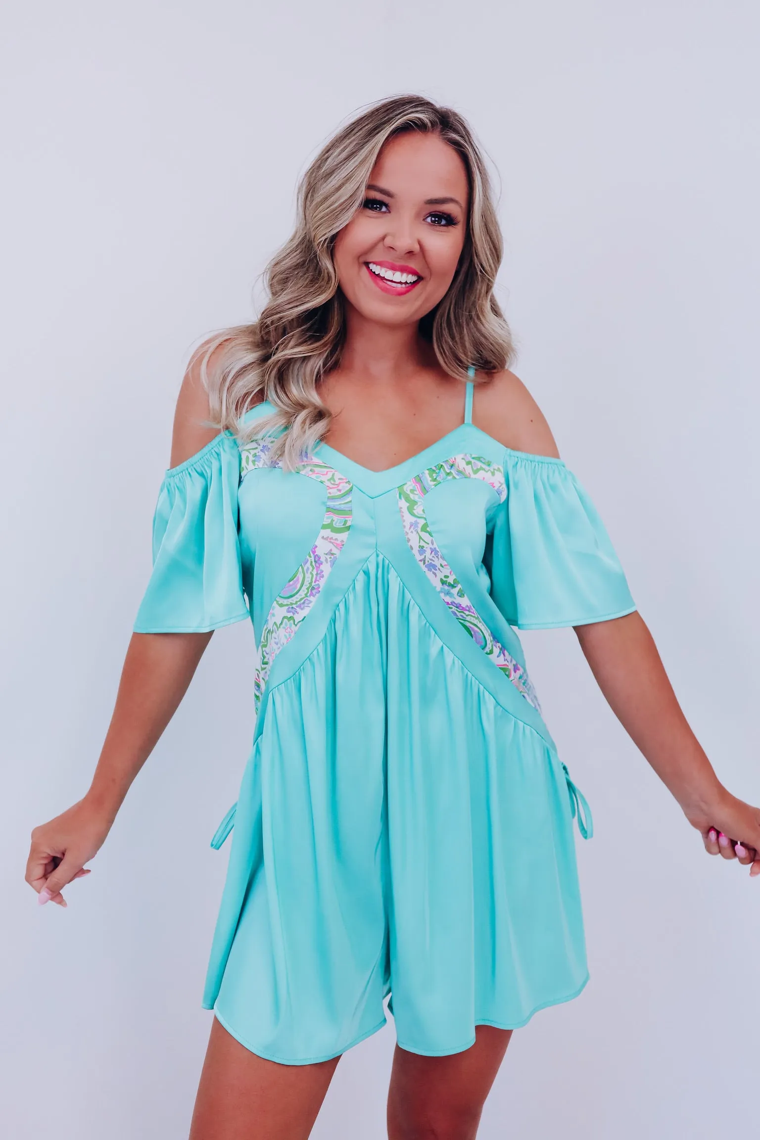 Charming Off-Shoulder Satin Romper - Sea Foam