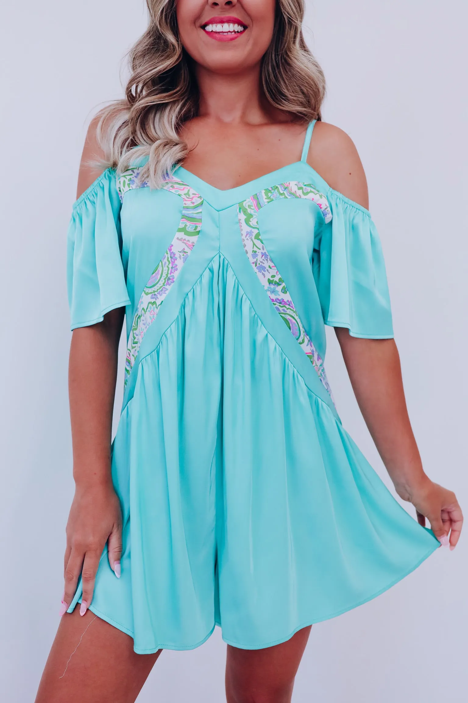 Charming Off-Shoulder Satin Romper - Sea Foam