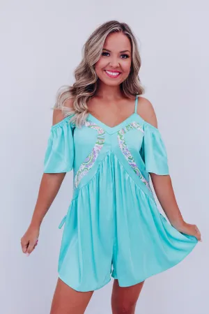 Charming Off-Shoulder Satin Romper - Sea Foam