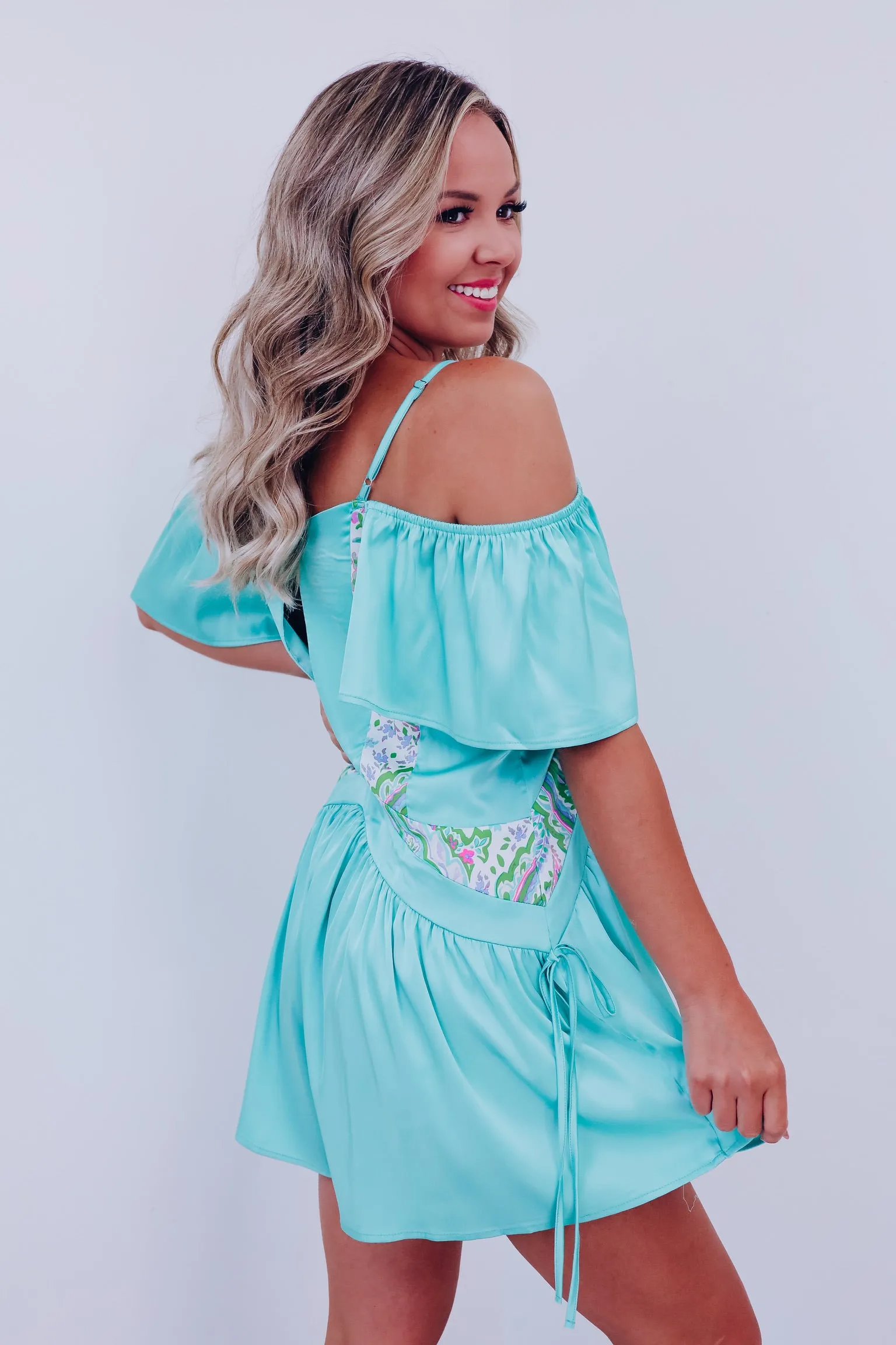 Charming Off-Shoulder Satin Romper - Sea Foam