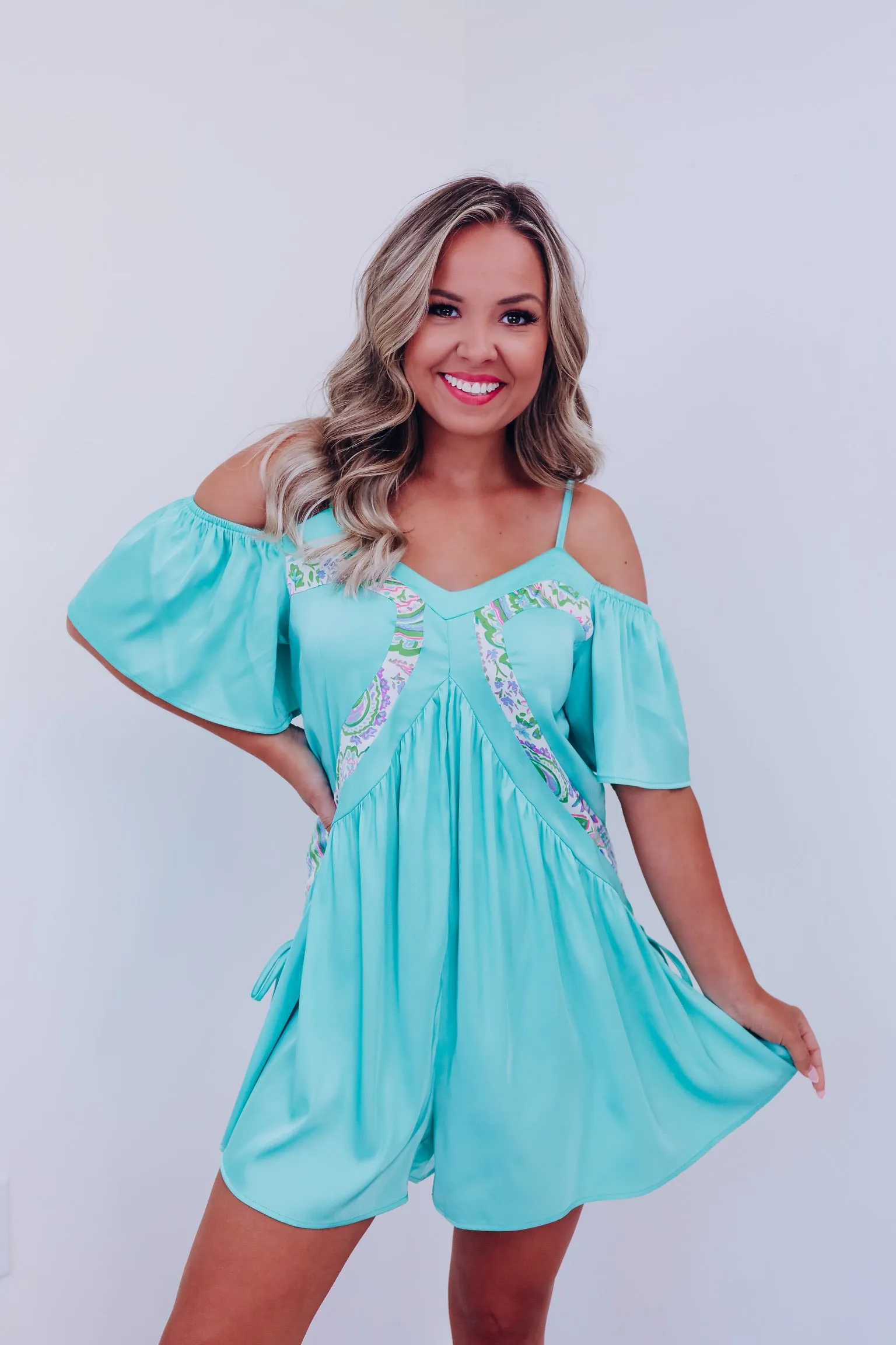 Charming Off-Shoulder Satin Romper - Sea Foam