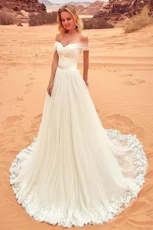 Charming Off The Shoulder Tulle Long Beach Wedding Dress,White Women Bridal Gown for Sale