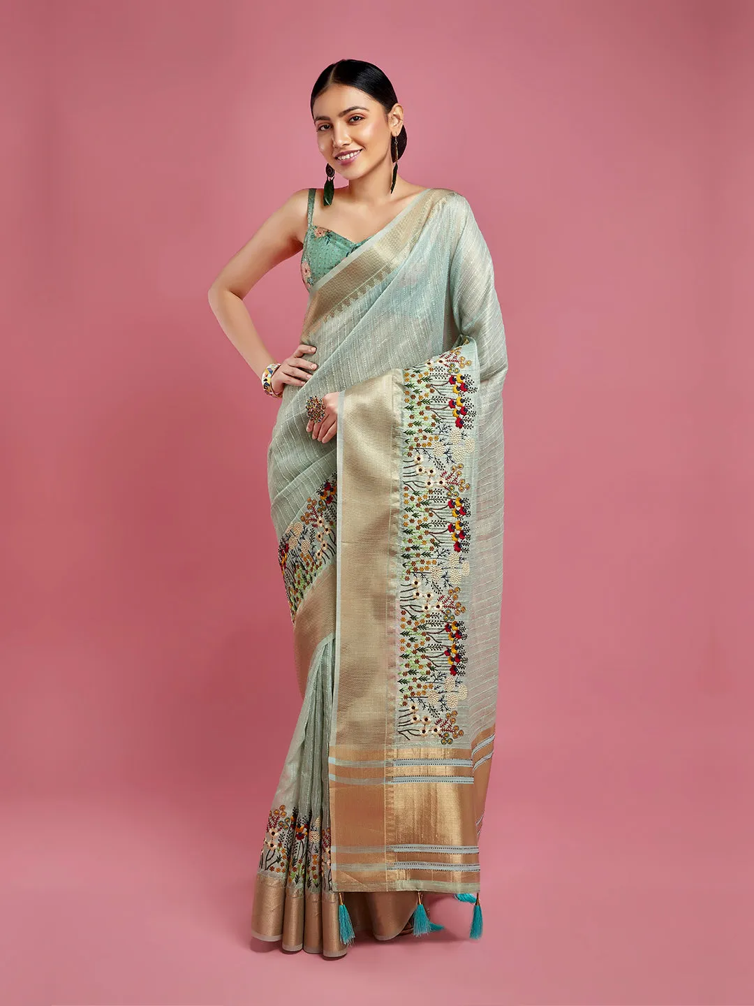 Charming Pista Green Cotton Silk Saree with Golden Border