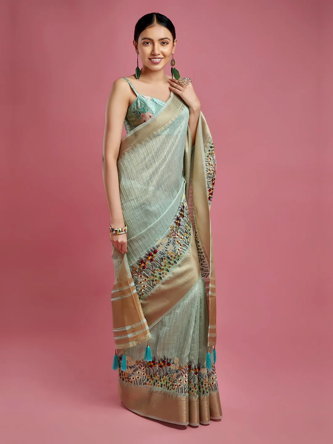 Charming Pista Green Cotton Silk Saree with Golden Border