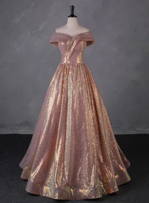 Charming Rose Gold Sequins Long Party Dress, Off Shoulder Sequins Prom Dress