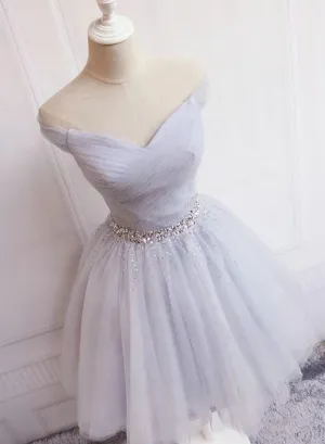 Charming Sliver Grey Short Beaded Tulle Party Dress Homecoming Dress