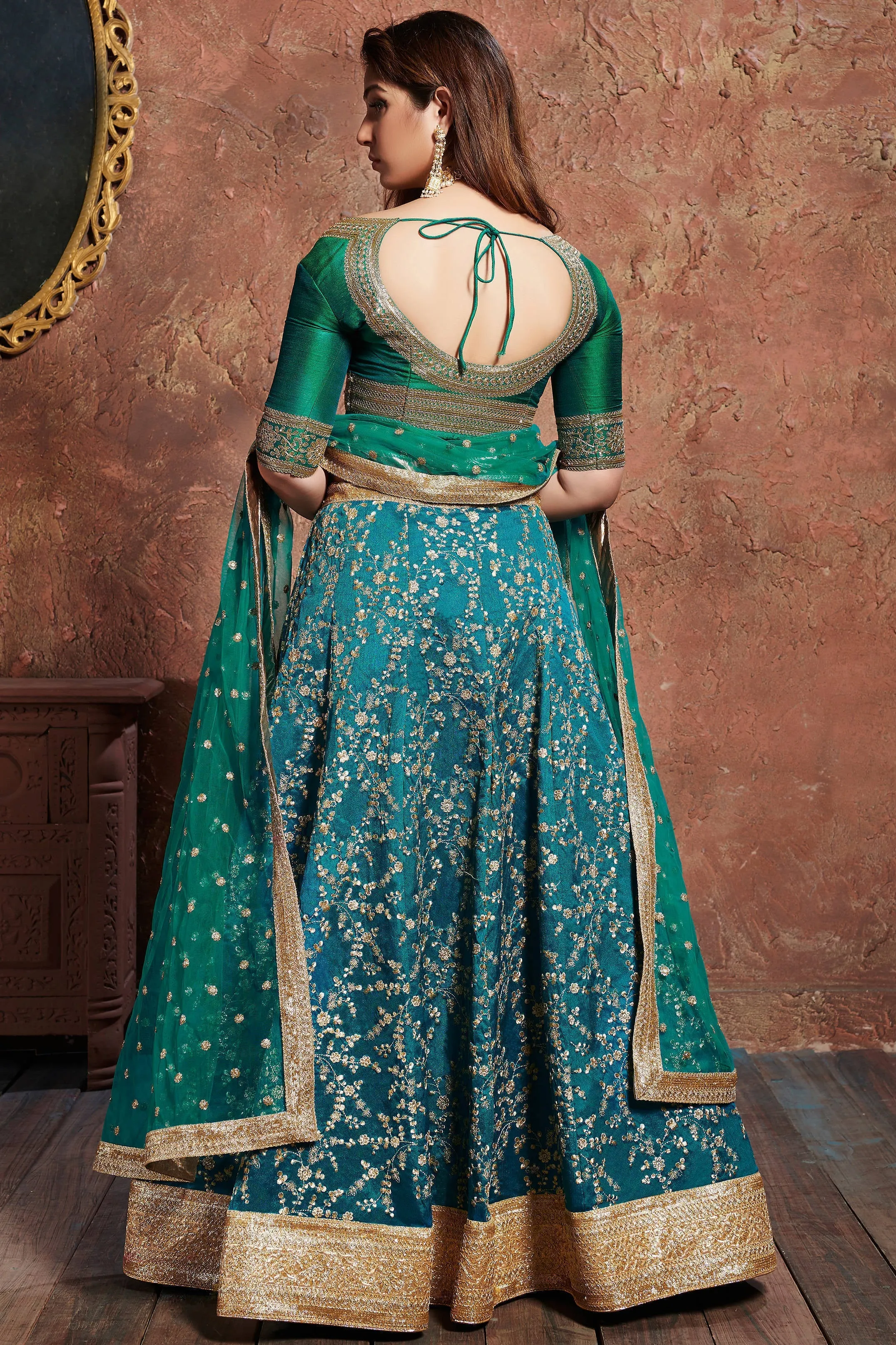 Charming Teal Green Sequins Embroidered Art Silk Wedding Lehenga Choli