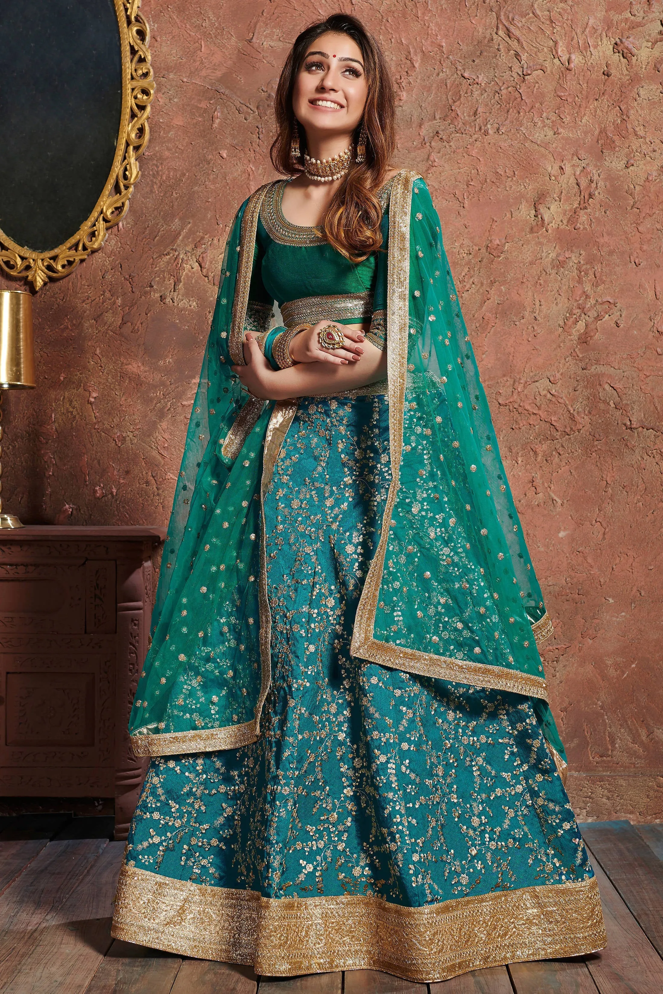 Charming Teal Green Sequins Embroidered Art Silk Wedding Lehenga Choli