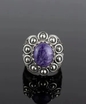 Charoite Dome Ring - Filigree Art, Perfect for Love and Weddings, Handcrafted Ring, Elegant Design, Unique Gemstone