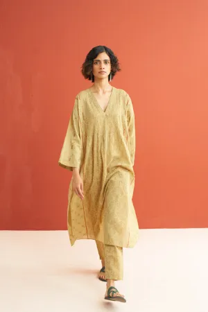 Chartreuse Fluted hand block printed kurta & Pant set