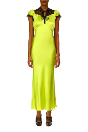 Chartreuse Silk Satin Bias Dress With Lace And Ruffle Details