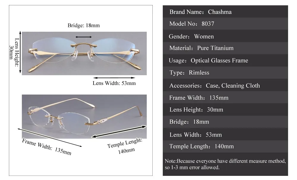 Chashma Designer Eyeglasses Diamond Rimless Titanium Stone Lenses Women 8037