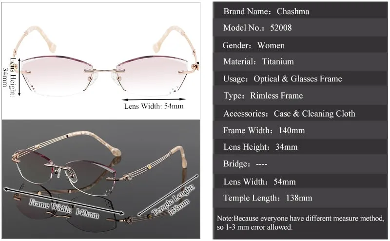 Chashma Ochki Women's Rimless Irregular Rectangle Titanium Eyeglasses Tinted Lenses 52008