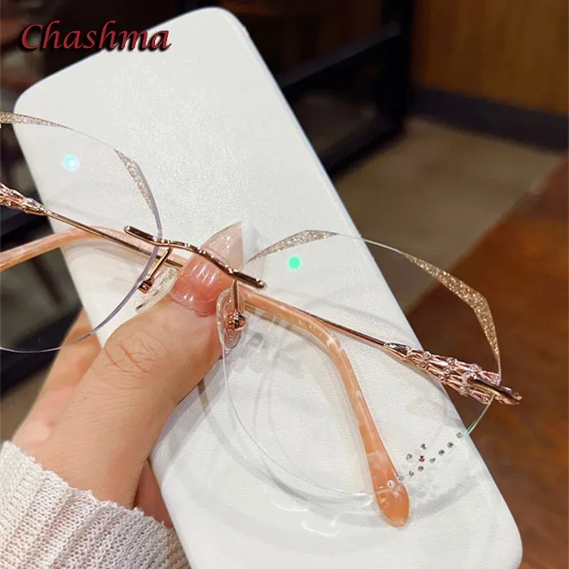 Chashma Ochki Women's Rimless Round Titanium Glitter Edge Eyeglasses 156