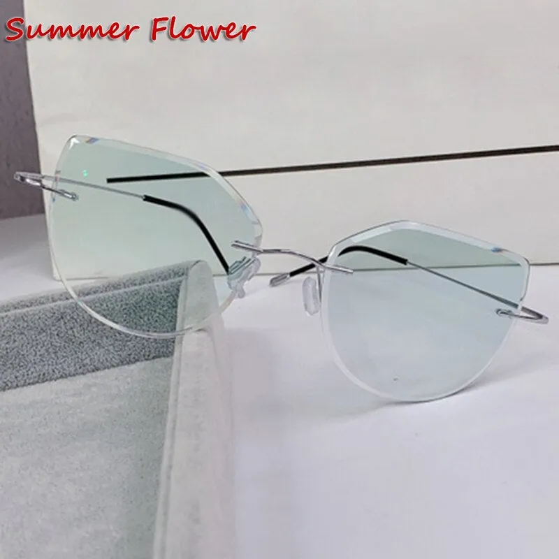 Chashma Ochki Women's Rimless Square Cat Eye Titanium Eyeglasses 6074 Tinted Lenses