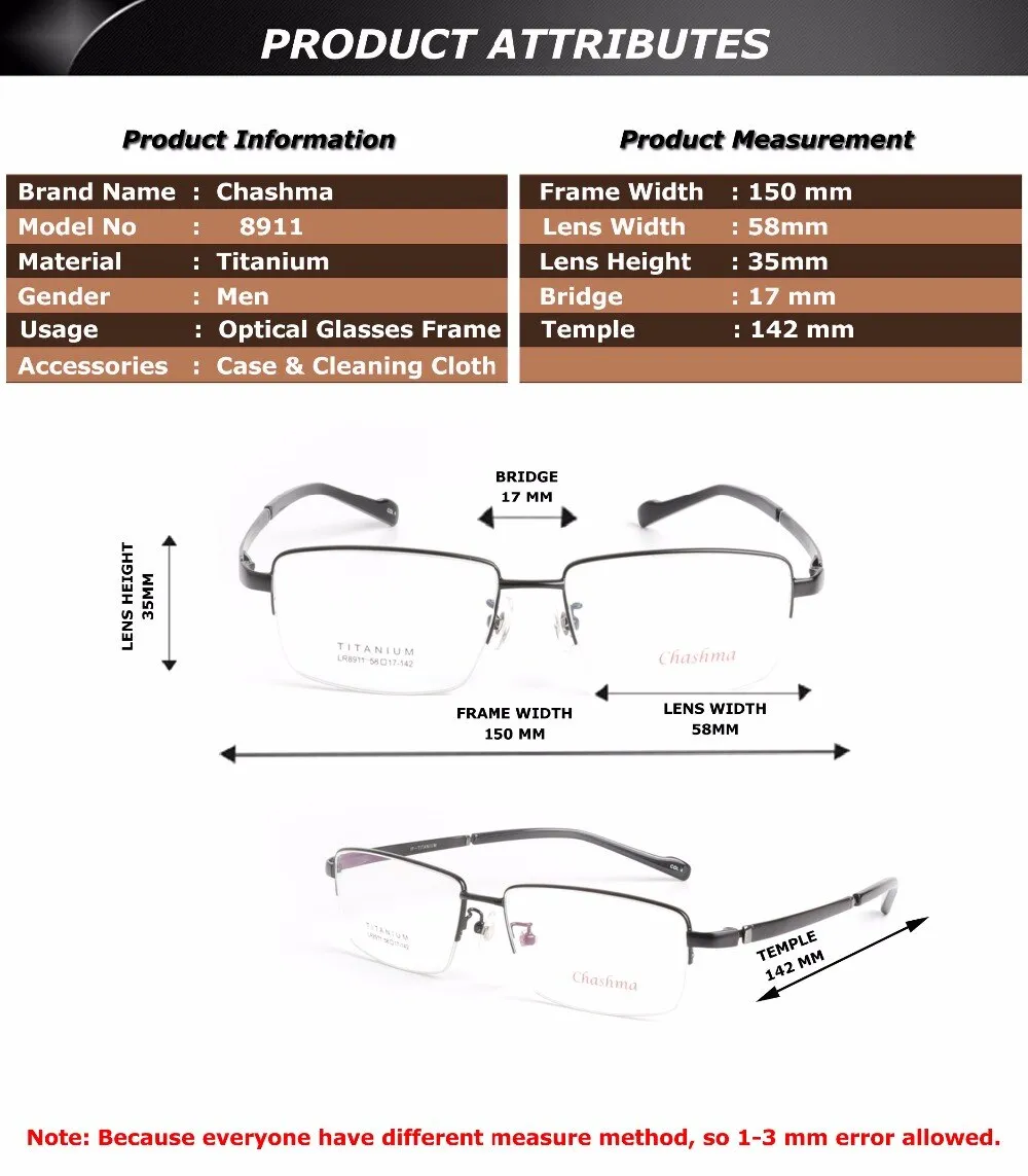 Chashma Ottica Semi Rim Oversized Square Titanium Eyeglasses 8911