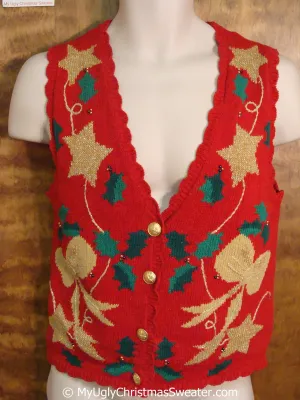 Cheap 80s Red and Golden Christmas Sweater Vest