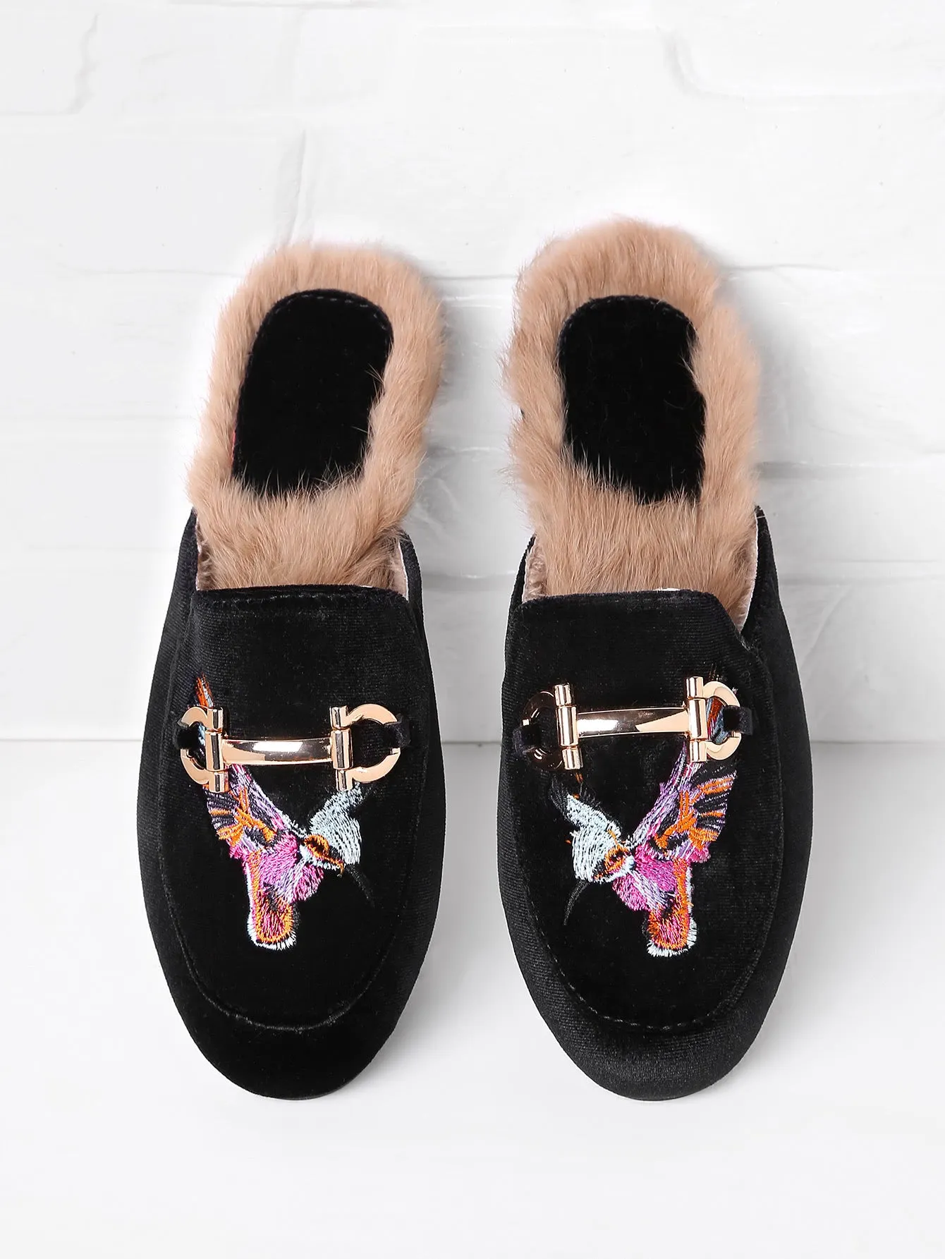 Cheap Bird Embroidery Velvet Flat Mules