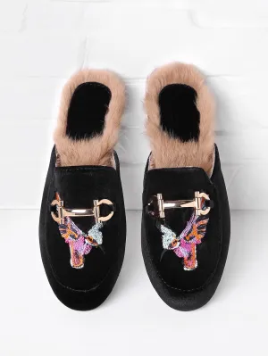 Cheap Bird Embroidery Velvet Flat Mules