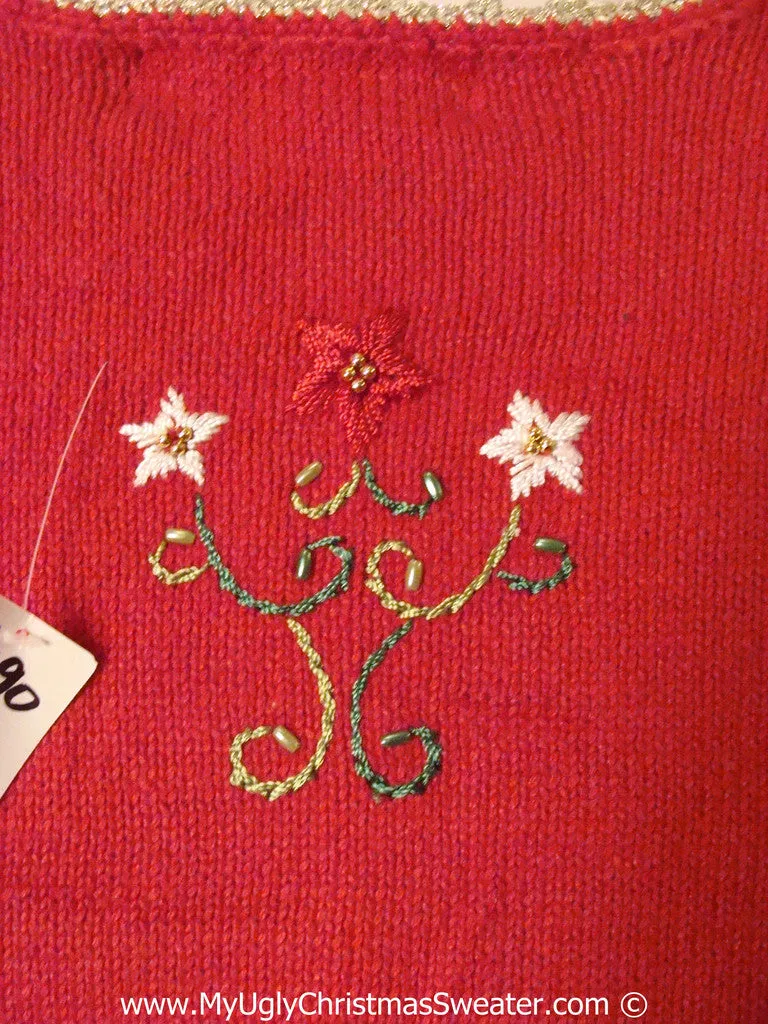 Cheap Tacky Cheesy Holiday Sweater with Red and White Poinsettias and Bead Bling (f1190)