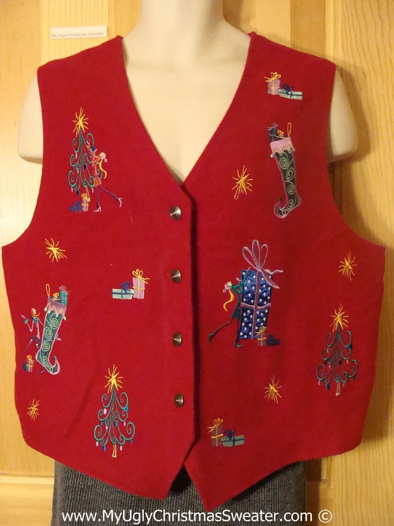 Cheap Tacky Red Christmas Vest  with Trees and Stockings (f1362)