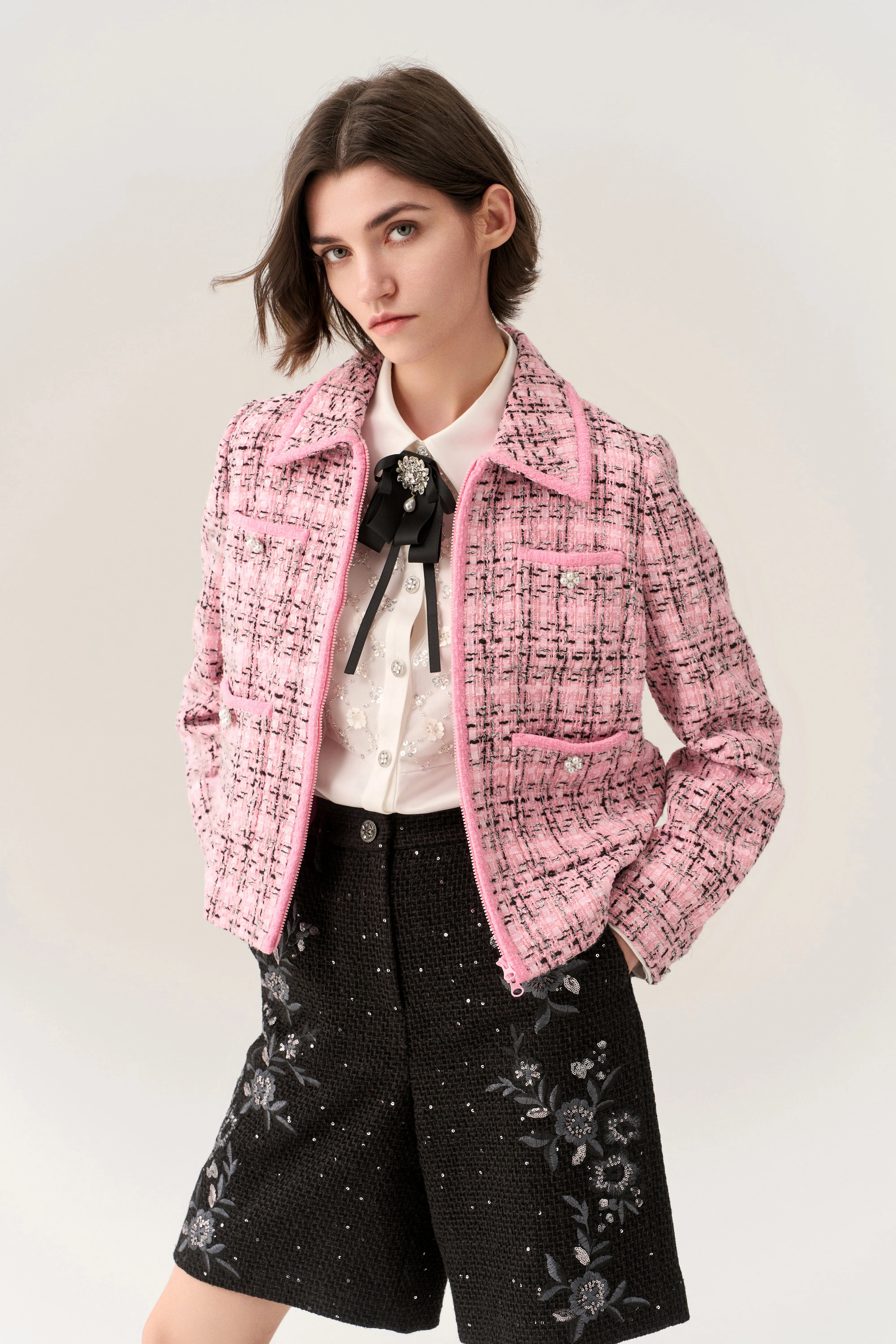 Check Two-way Zipper Tweed Jacket